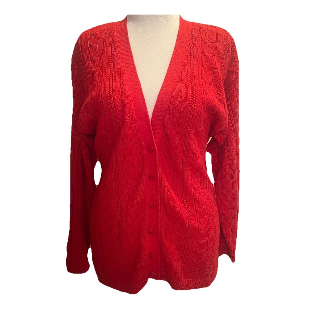 Christina Vtg Red Cardigan Sweater M Cable Knit Button Oversize Pocket Christmas